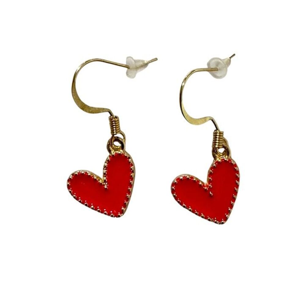 Indio Jewelry Red Enamel and Gold Metal Heart Earrings #2297